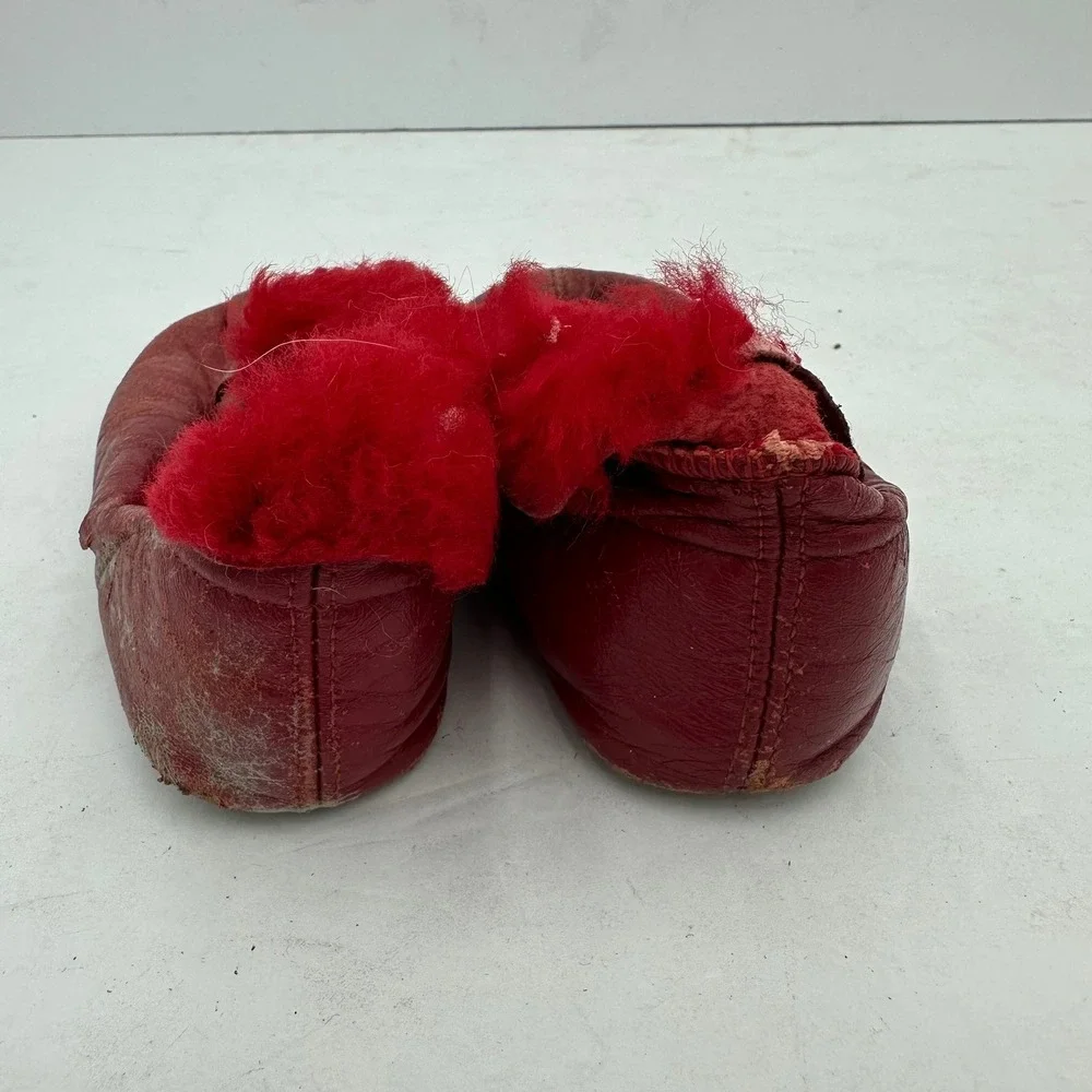 Vintage Kids Red Leather‎ Shearling Lined Zip Up Bootie Slippers Fur Trim Fair